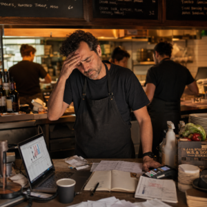 Restaurateur qui prend du recul sur l'organisation de son restaurant