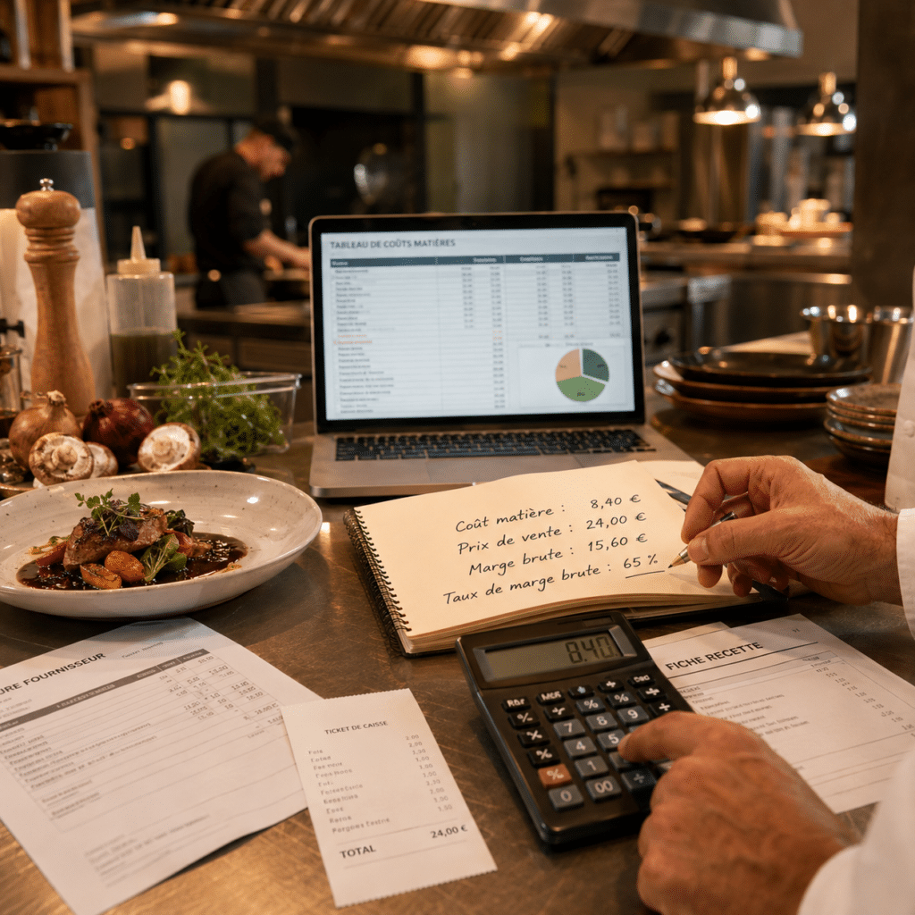 Restaurateur calculant sa marge brute sur une fiche recette et un ordinateur - Supplément Sauce